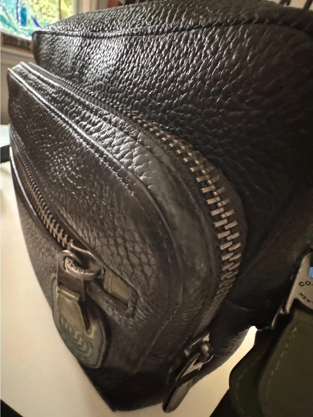 Coach Black Pebbled Leather Messenger Crossbody with Green Accent Tag